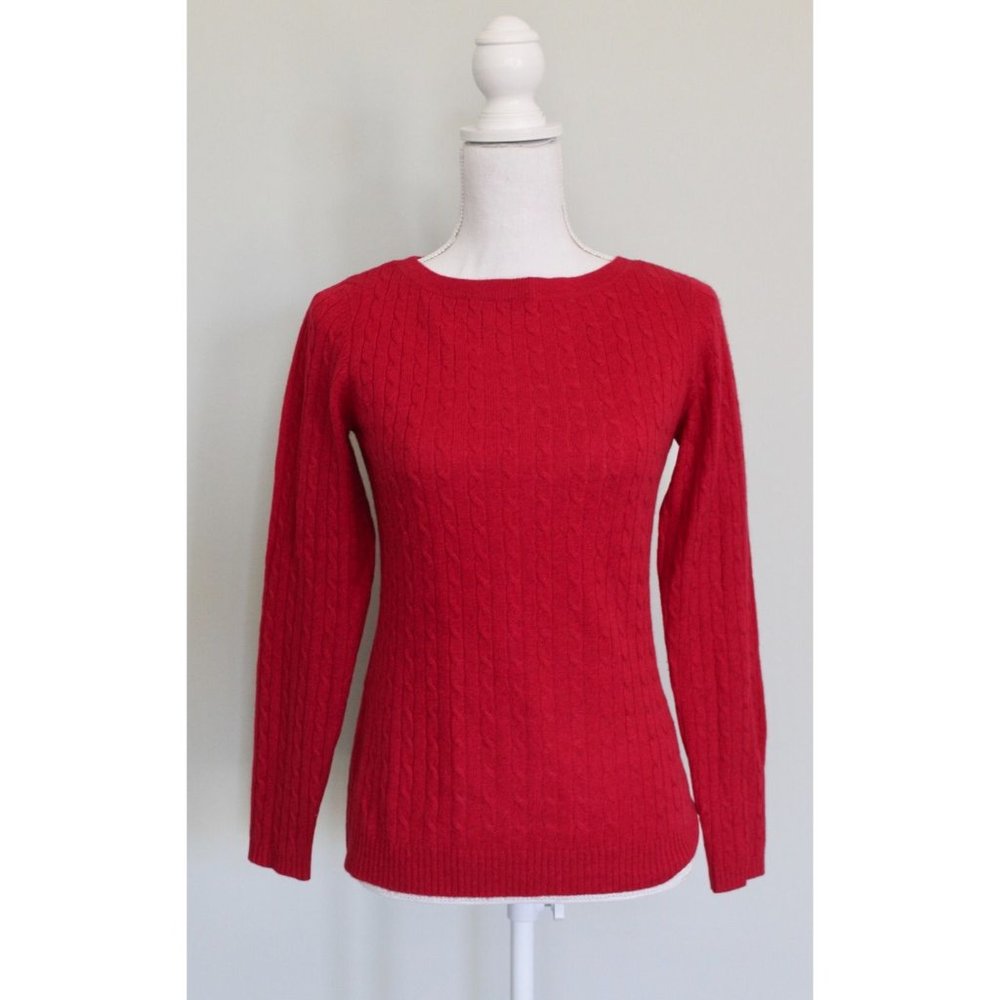 100% Cashmere 2–Ply Red Cable Knit KENAR Sweater, S Small